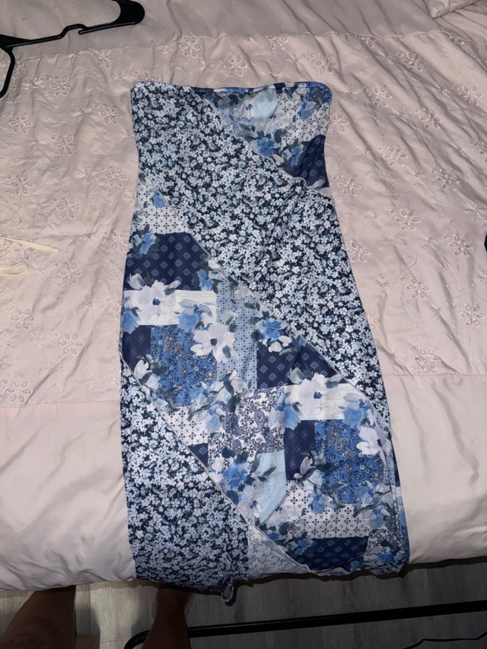 Altar'd State Strapless Blue Floral Patchwork Maxi Dress